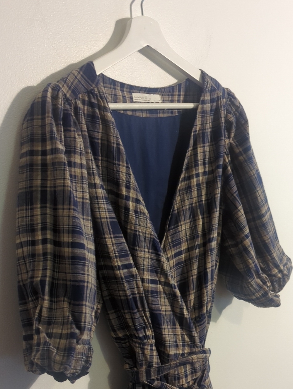 OAK + FORT navy and tan plaid cotton wrap dress - size large - Picture 5 of 9
